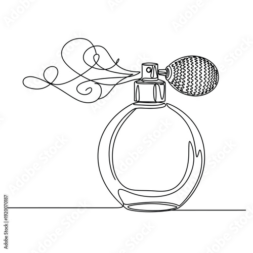 Elegant Continuous Line Art Drawing of a Vintage Perfume Bottle with Atomizer