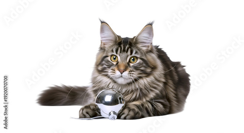 Curious Cat with Reflective Toy on Black Background