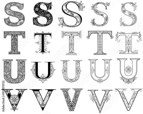 A set of vector pencil drawings of decorative letters S,T,U,V of the alphabet with ornaments are examples of artistic calligraphy and illuminated initials.