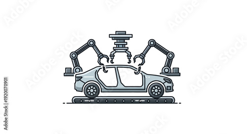 Automotive Manufacturing Process with Robotic Arms Assembling Car.