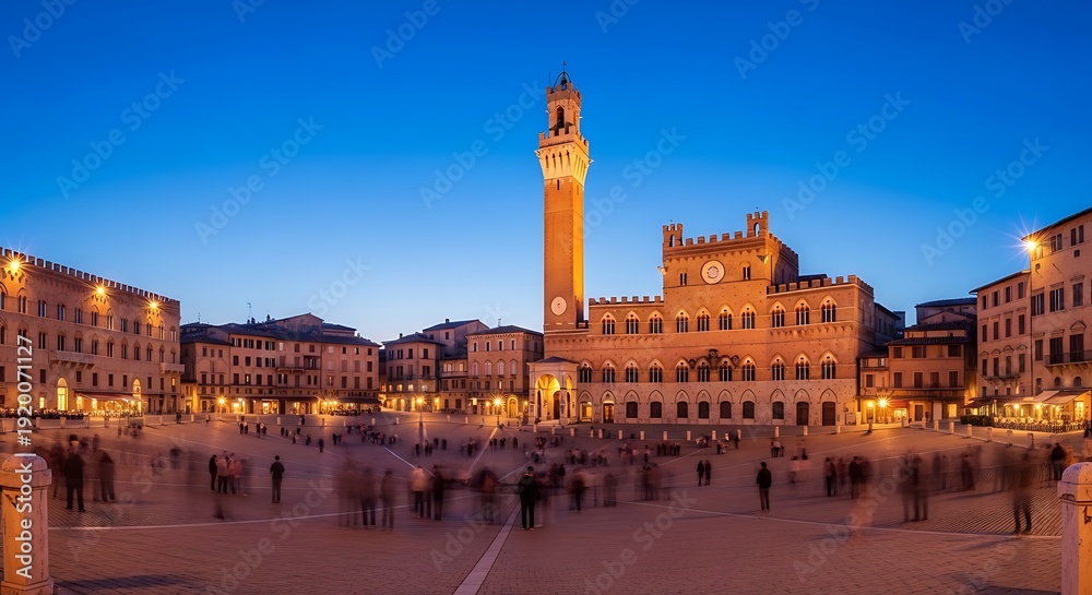 Fototapeta premium Piazza del Campo Siena Italy at Dusk with Torre del Mangia.