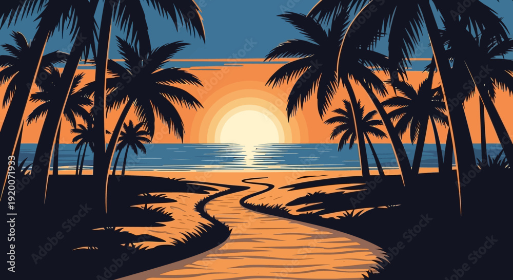 Fototapeta premium Tropical Beach Sunset Path Palm Trees Ocean Horizon