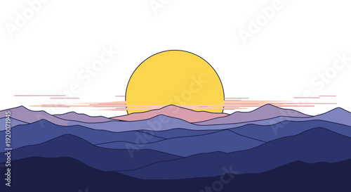 Stylized Sunrise Over Blue Mountains Landscape, Minimalist Geometric Design