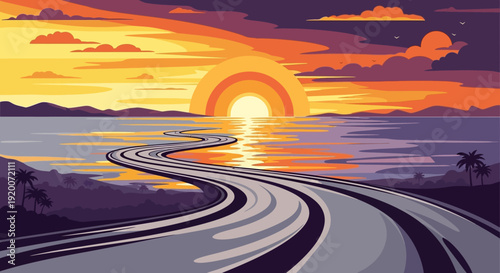 Pixel Art Sunset Road Trip Over Ocean, Retro Vector Art Scenery