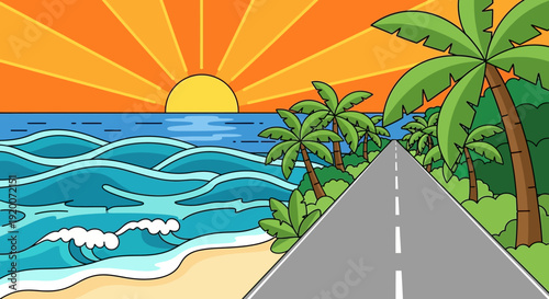 Tropical Road Trip: Sunset Over Ocean with Palm Trees and Beach