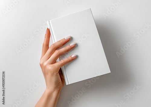 A hand with manicured nails delicately holds a blank white book against a white backdrop