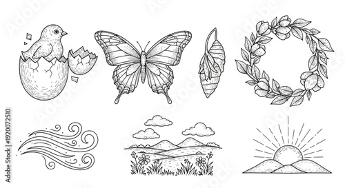 A collection of hand-drawn black and white illustrations depicting nature and life cycles, including a hatching chick, a butterfly, a chrysalis, a floral wreath, wind, a landscape, and a sunrise.