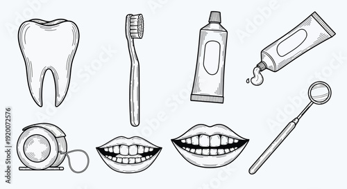 A collection of hand-drawn dental hygiene items including a tooth, toothbrush, toothpaste, dental floss, a dental mirror, and open mouths showing healthy teeth.