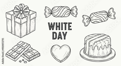 A charming hand-drawn illustration featuring a gift box, candies, a cake, a heart, and chocolate bars, celebrating White Day.