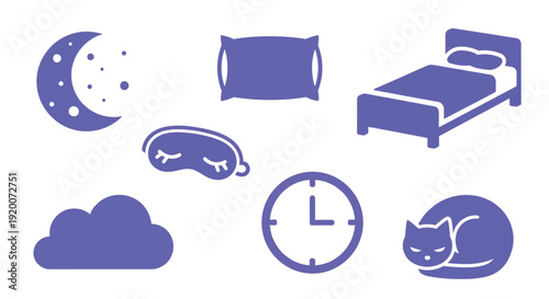 A collection of purple icons representing sleep and nighttime, including a moon, cloud, pillow, bed, sleeping mask, clock, and a sleeping cat.