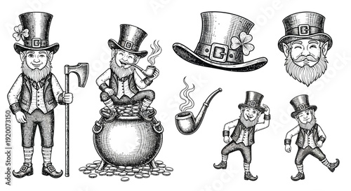A collection of charming black and white illustrations depicting leprechauns, shamrocks, top hats, and a pot of gold, perfect for St. Patrick's Day.