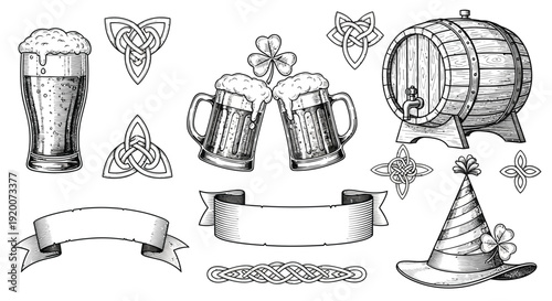 A collection of St. Patrick's Day themed illustrations including beer mugs, a barrel, shamrocks, Celtic knots, banners, and a party hat.