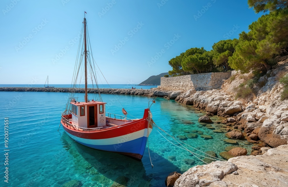 Obraz premium Red white and blue fishing boat rests in clear turquoise water. Rocky coast with green pine trees lines quiet Mediterranean bay. Calm sea under bright blue sky.