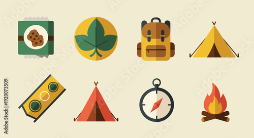 A collection of flat design icons representing camping and outdoor adventure gear, including a tent, backpack, compass, and campfire.