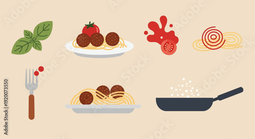 A collection of Italian food illustrations including spaghetti and meatballs, basil, and a frying pan.