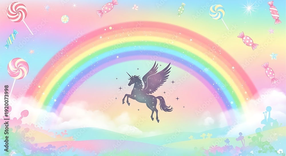 Fototapeta premium Magical Unicorn Flying Through a Rainbow Sky with Candy Clouds.