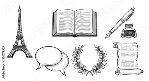 A collection of vintage-style illustrations depicting iconic symbols of literature, communication, and Parisian culture.
