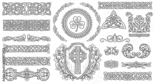 Collection of intricate Celtic knotwork designs, shamrocks, and a Celtic cross shield, presented in a detailed black and white illustration style.