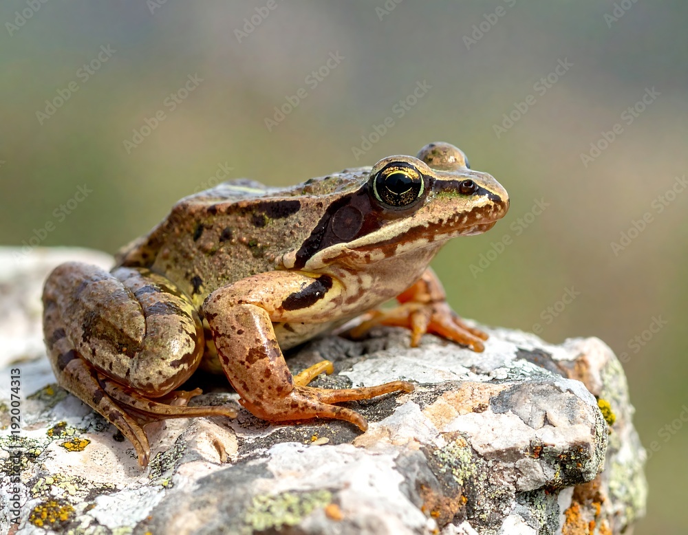 Fototapeta premium European Common Brown Frog Resting on a Rock in Natural Habitat.
