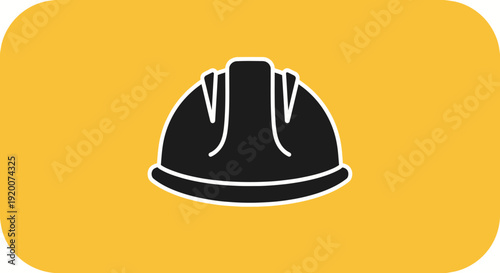 Black Hard Hat Icon on Yellow Background.