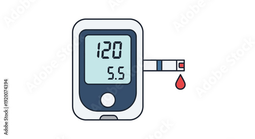 Blood glucose meter showing reading with blood drop.