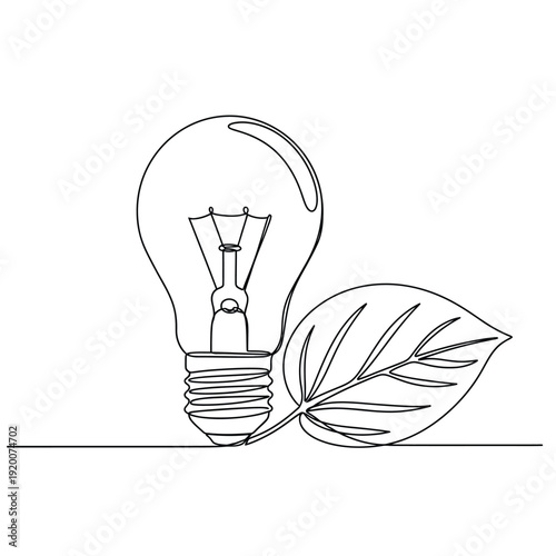 Continuous Line Drawing of a Lightbulb and a Leaf, Eco-Friendly Energy Idea