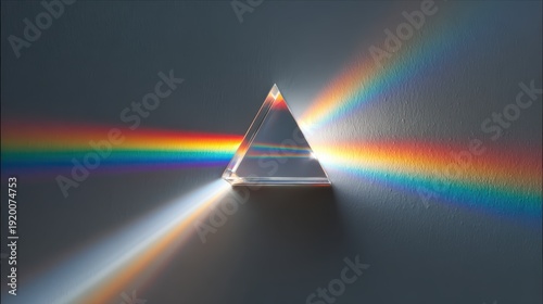 Prism light dispersion, rainbow spectrum beam hitting a white surface, physics of light