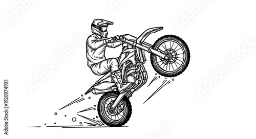 Motocross rider performing a wheelie on a dirt bike.