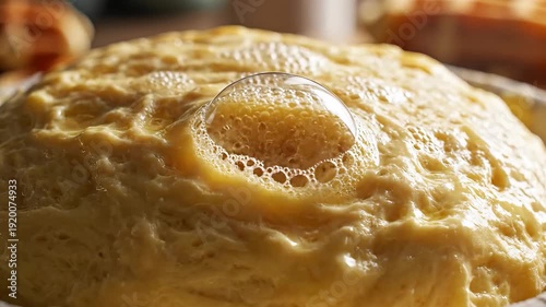 A captivating closeup shot of a fluffy golden omelet sizzling and bubbling in a hot pan showcasing the intricate textures and the delicious cooking process of a classic breakfast meal.