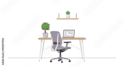 Modern home office desk with laptop and chair.