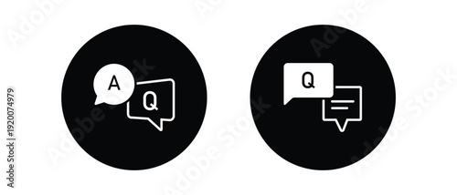 Minimal Q and A Chat Bubble Icon Set – Question and Answer Speech Bubbles in Solid Black Circle Style for Messaging, Support and Communication UI.