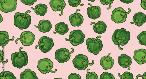 A seamless pattern of green bell peppers scattered on a light pink background, illustrated in a cartoon style, creating a fresh and vibrant design.
