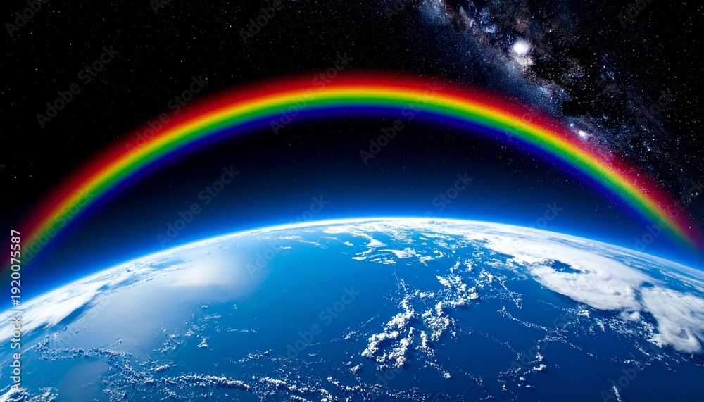 Obraz premium Earth View from Space with Rainbow Bridge Over Horizon Symbolizing Hope and Opportunity for Future Generations.