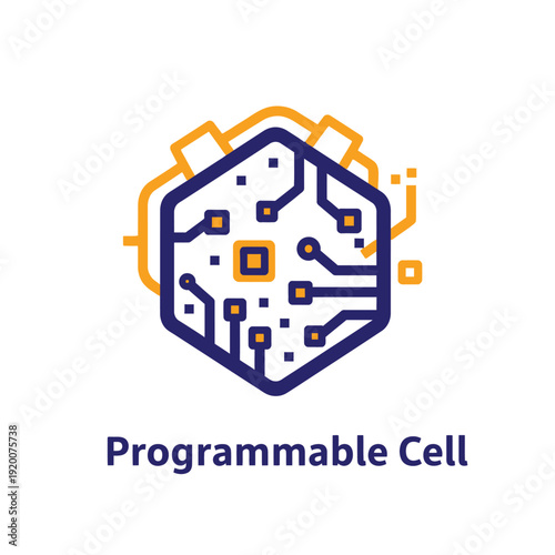 Futuristic vector icon of a programmable cell, microchip, or integrated circuit, representing advanced computer technology, digital processing, and innovative system design solutions