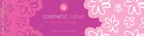  Template cosmetic label design with seamless pink flowers pattern — vector hand drawn spray effect. Floral background for spring banner, feminine design, Womens Day wrapping and branding
