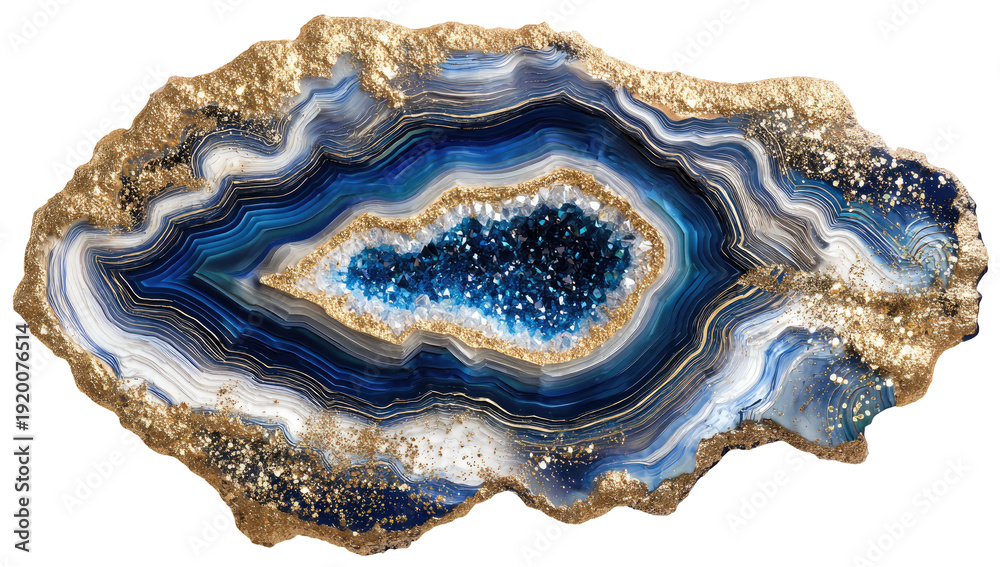 Fototapeta premium Close-up of a cut stone, showcasing blue and white layers with a sparkling center, edged with gold
