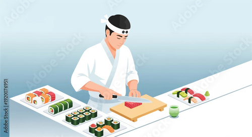 A male sushi chef in a white uniform preparing fresh fish for sushi at a counter with various sushi rolls and nigiri.