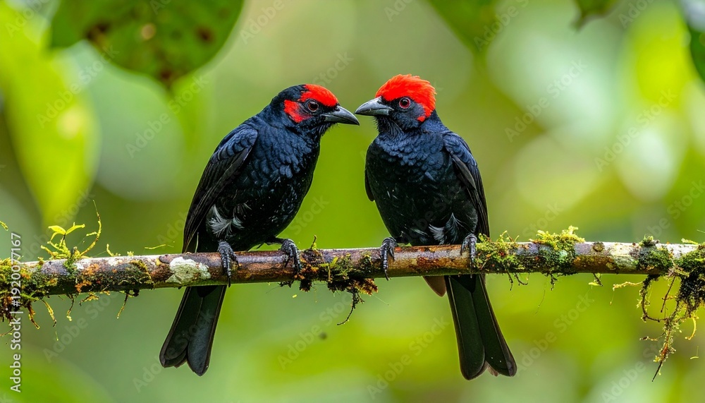 Obraz premium Pair of Crimson Collared Tanagers perched on a branch in a vibrant rainforest setting symbolizing wildlife.