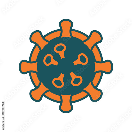 Graphic icon of a microscopic virus, featuring distinct spike proteins in vibrant teal and orange, symbolizing infectious disease, global health awareness, and pathogen spread