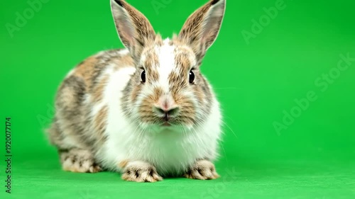 Cute rabbit on green background studio.