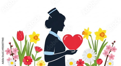 Nurse silhouette holding red heart among colorful spring flowers symbolizing care and compassion in healthcare