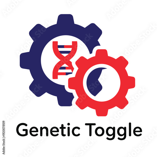 Vector graphic depicting a genetic toggle mechanism through intertwined gears, symbolizing DNA regulation, scientific control, and biotechnology engineering for complex biological systems