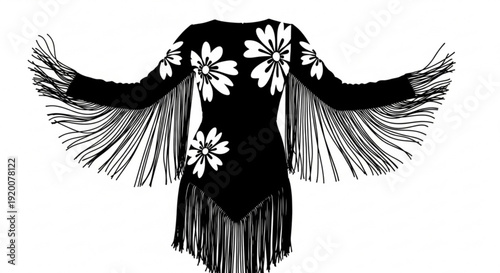 Black fringed floral jacket with white flowers fashion illustration bohemian style clothing