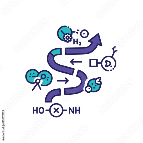 Abstract representation of a complex biochemical pathway, illustrating molecular synthesis, metabolic reactions, and enzymatic processes crucial for scientific understanding and biological mechanisms