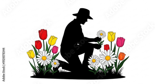 Silhouette of a person kneeling among vibrant tulips and daisies gardening with care and attention to detail in a serene outdoor setting