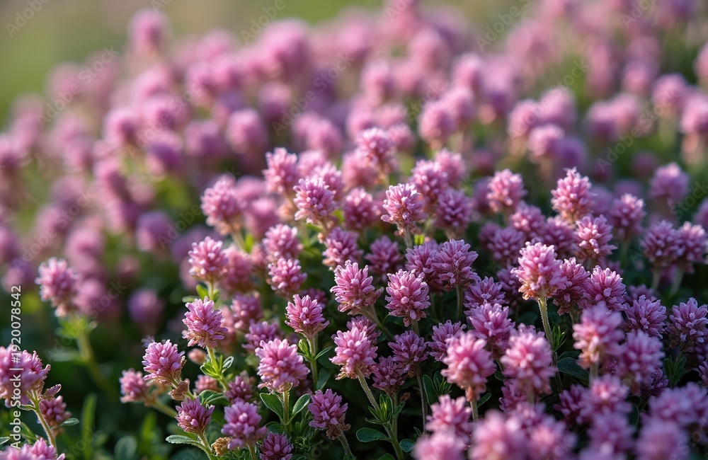 Obraz premium Pink thyme flowers bloom abundantly in a sunlit meadow. Tiny blossoms create a carpet of color, showing wild herb growth. Useful for health tea and natural remedies.