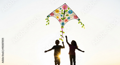 Two children flying colorful kite against bright sunny sky outdoors