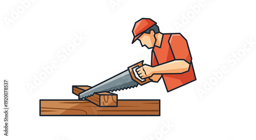 Carpenter cutting wood with a hand saw.