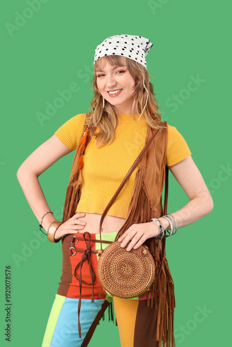 Female hippie on green back...