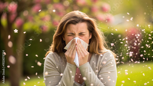 Seasonal allergies runny nose flower bloom woman sneeze outdoor discomfort